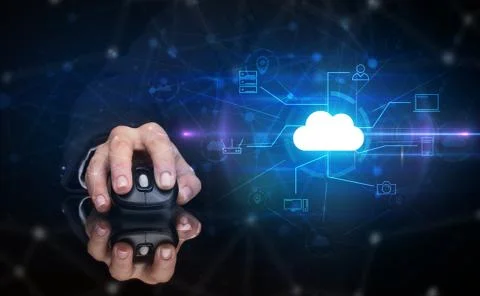Hand using mouse with cloud technology and online storage concept Stock Photos