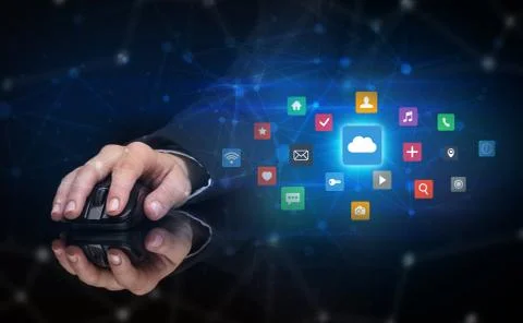 Hand using mouse with cloud technology and online storage concept Stock Photos
