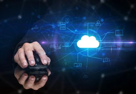 Hand using mouse with cloud technology and online storage concept Stock Photos