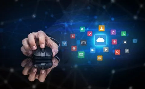 Hand using mouse with cloud technology and online storage concept Stock Photos