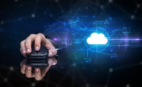 Hand using mouse with cloud technology and online storage concept Stock Photos
