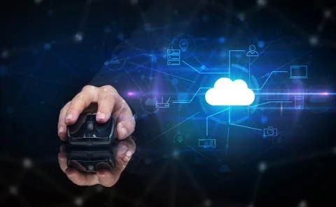 Hand using mouse with cloud technology and online storage concept Stock Photos