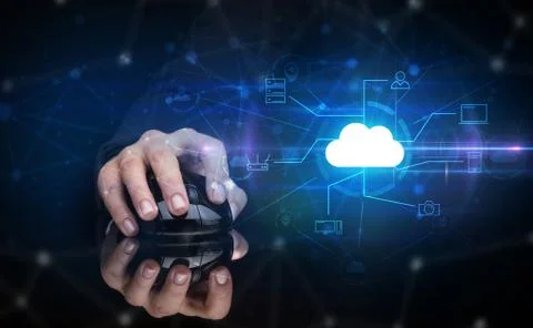 Hand using mouse with cloud technology and online storage concept Stock Photos
