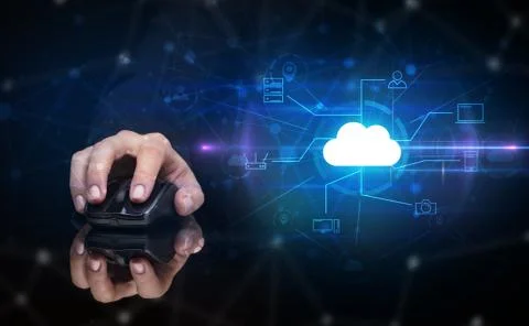 Hand using mouse with cloud technology and online storage concept Stock Photos