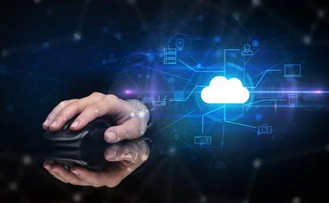 Hand using mouse with cloud technology and online storage concept Stock Photos