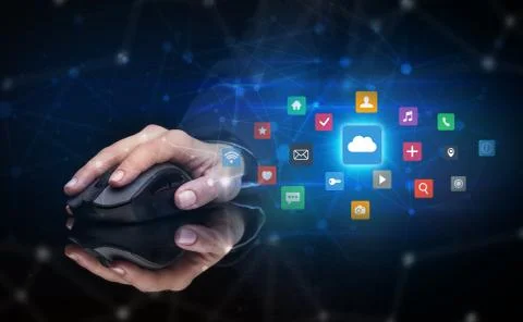 Hand using mouse with cloud technology and online storage concept Stock Photos