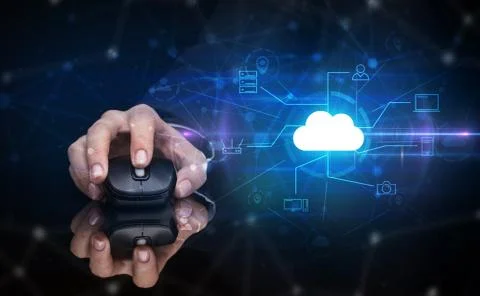 Hand using mouse with cloud technology and online storage concept Stock Photos