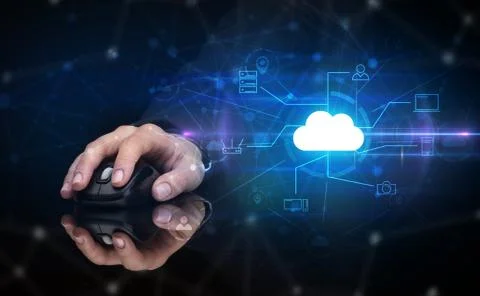 Hand using mouse with cloud technology and online storage concept Stock Photos
