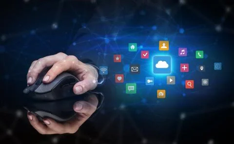 Hand using mouse with cloud technology and online storage concept Stock Photos