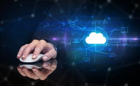 Hand using mouse with cloud technology and online storage concept Stock Photos