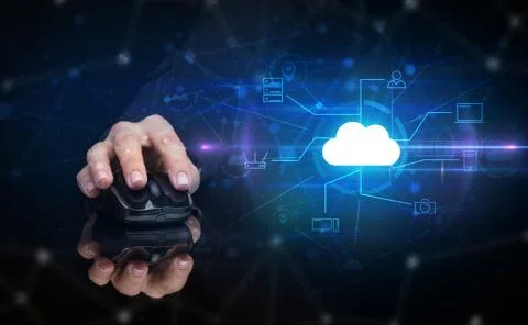 Hand using mouse with cloud technology and online storage concept Stock Photos