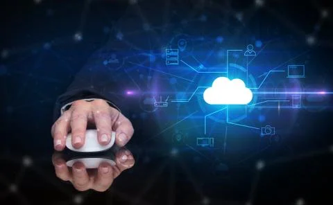 Hand using mouse with cloud technology and online storage concept Stock Photos