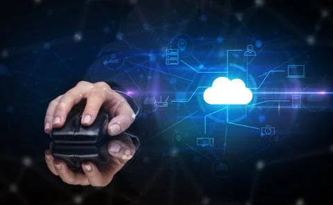 Hand using mouse with cloud technology and online storage concept Stock Photos