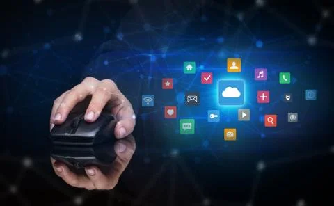 Hand using mouse with cloud technology and online storage concept Stock Photos