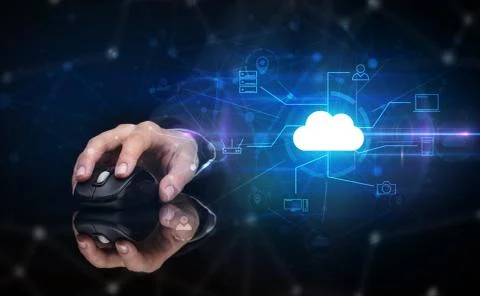 Hand using mouse with cloud technology and online storage concept Stock Photos