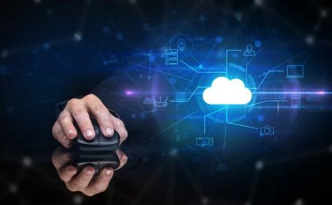 Hand using mouse with cloud technology and online storage concept Stock Photos