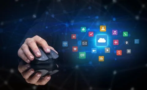 Hand using mouse with cloud technology and online storage concept Stock Photos