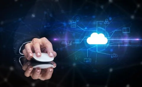 Hand using mouse with cloud technology and online storage concept Stock Photos