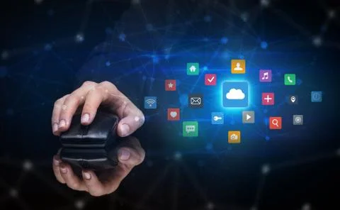 Hand using mouse with cloud technology and online storage concept Stock Photos