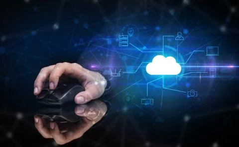 Hand using mouse with cloud technology and online storage concept Stock Photos