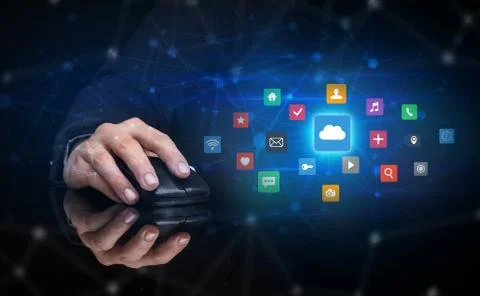 Hand using mouse with cloud technology and online storage concept Stock Photos