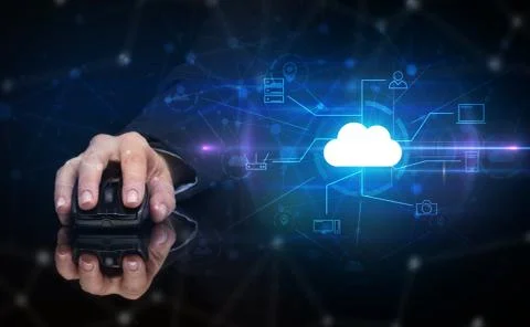 Hand using mouse with cloud technology and online storage concept Stock Photos