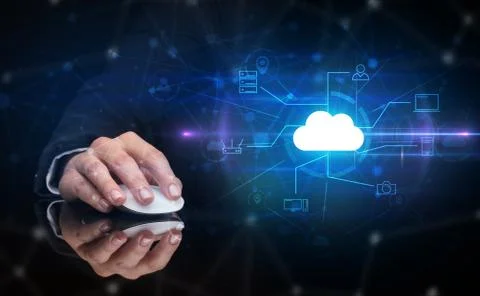 Hand using mouse with cloud technology and online storage concept Stock Photos