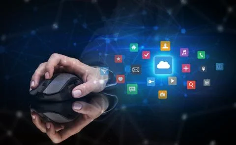 Hand using mouse with cloud technology and online storage concept Stock Photos