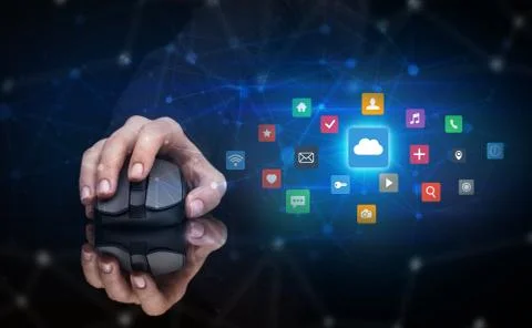 Hand using mouse with cloud technology and online storage concept Stock Photos