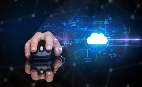 Hand using mouse with cloud technology and online storage concept Stock Photos