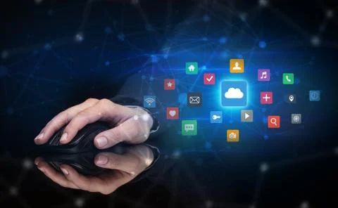 Hand using mouse with cloud technology and online storage concept Stock Photos