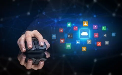 Hand using mouse with cloud technology and online storage concept Stock Photos