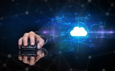 Hand using mouse with cloud technology and online storage concept Stock Photos