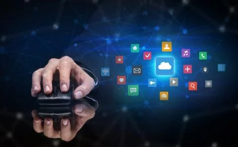 Hand using mouse with cloud technology and online storage concept Stock Photos