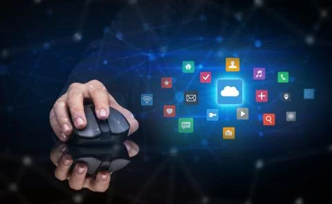Hand using mouse with cloud technology and online storage concept Stock Photos