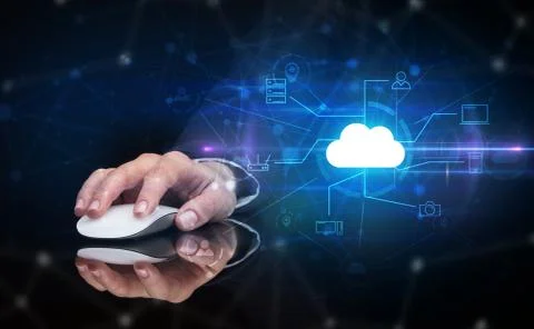 Hand using mouse with cloud technology and online storage concept Stock Photos