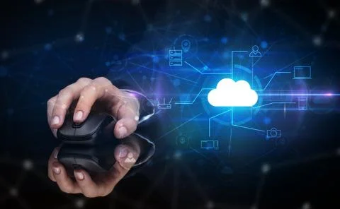 Hand using mouse with cloud technology and online storage concept Stock Photos