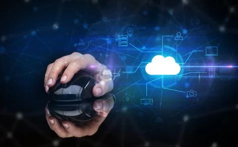 Hand using mouse with cloud technology and online storage concept Stock Photos