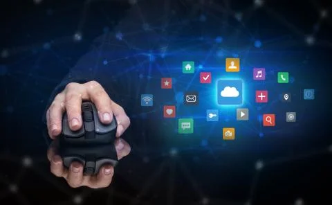 Hand using mouse with cloud technology and online storage concept Stock Photos