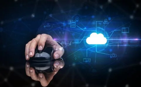 Hand using mouse with cloud technology and online storage concept Stock Photos