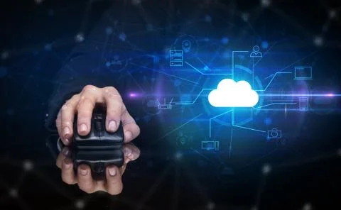 Hand using mouse with cloud technology and online storage concept Stock Photos