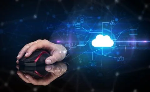 Hand using mouse with cloud technology and online storage concept Stock Photos