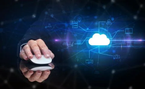 Hand using mouse with cloud technology and online storage concept Stock Photos