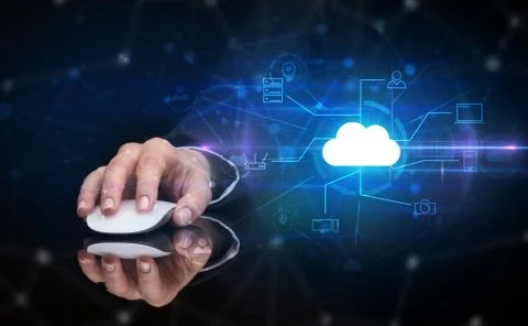 Hand using mouse with cloud technology and online storage concept Stock Photos