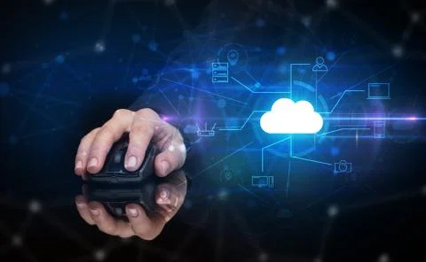 Hand using mouse with cloud technology and online storage concept Stock Photos