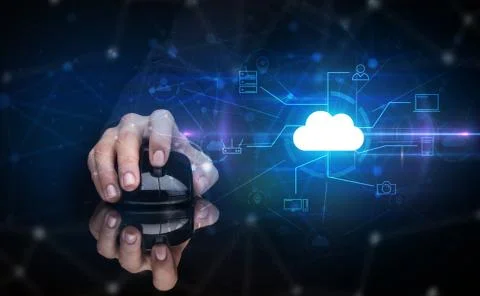 Hand using mouse with cloud technology and online storage concept Stock Photos