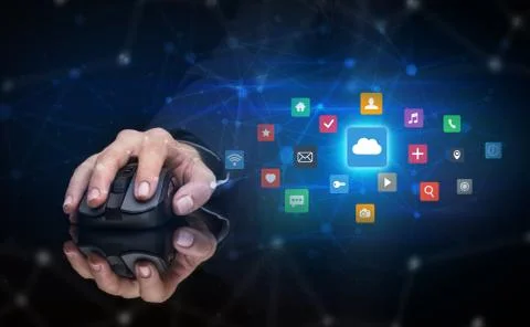 Hand using mouse with cloud technology and online storage concept Stock Photos