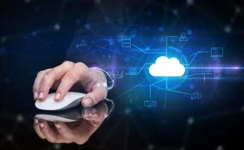 Hand using mouse with cloud technology and online storage concept Stock Photos