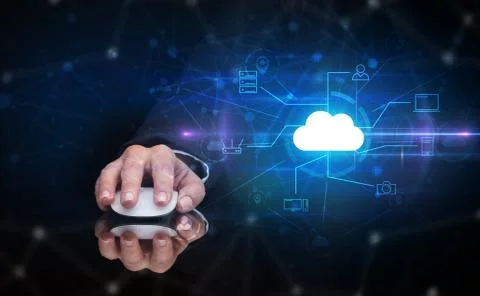 Hand using mouse with cloud technology and online storage concept Stock Photos