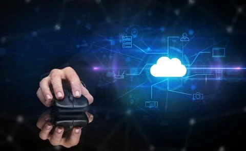 Hand using mouse with cloud technology and online storage concept Stock Photos